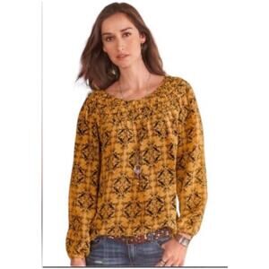 Sundance Anne Silk regal long sleeve golden rod black printed blouse size Small